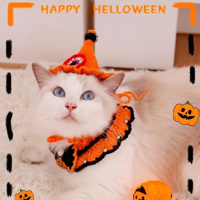 Crochet Pumpkin Witch Hat Halloween Pet Collar