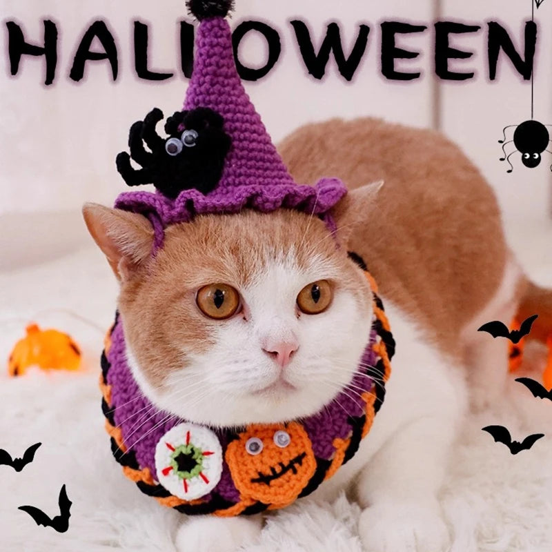 Crochet Pumpkin Witch Hat Halloween Pet Collar