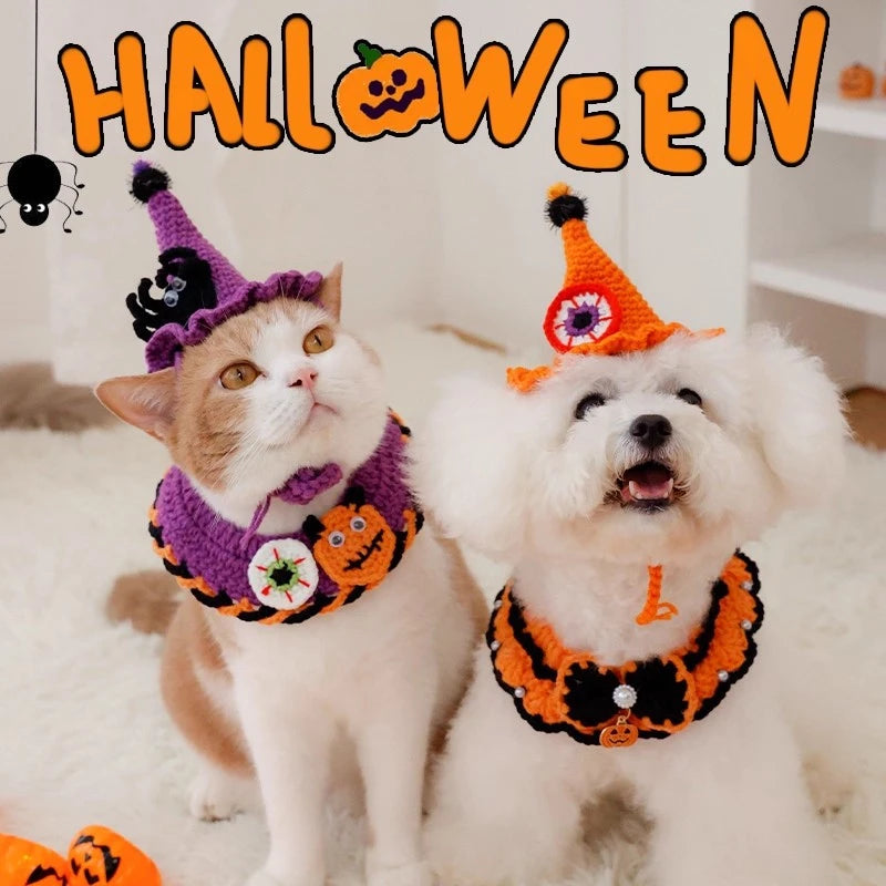 Crochet Pumpkin Witch Hat Halloween Pet Collar